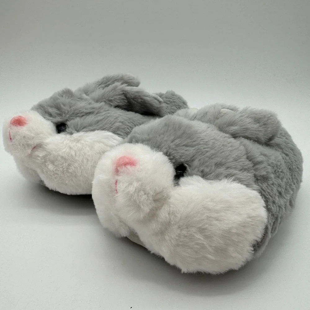Kids Bunny Rabbit Plush‎ Slippers Gray White Size 2 Cozy House Shoes